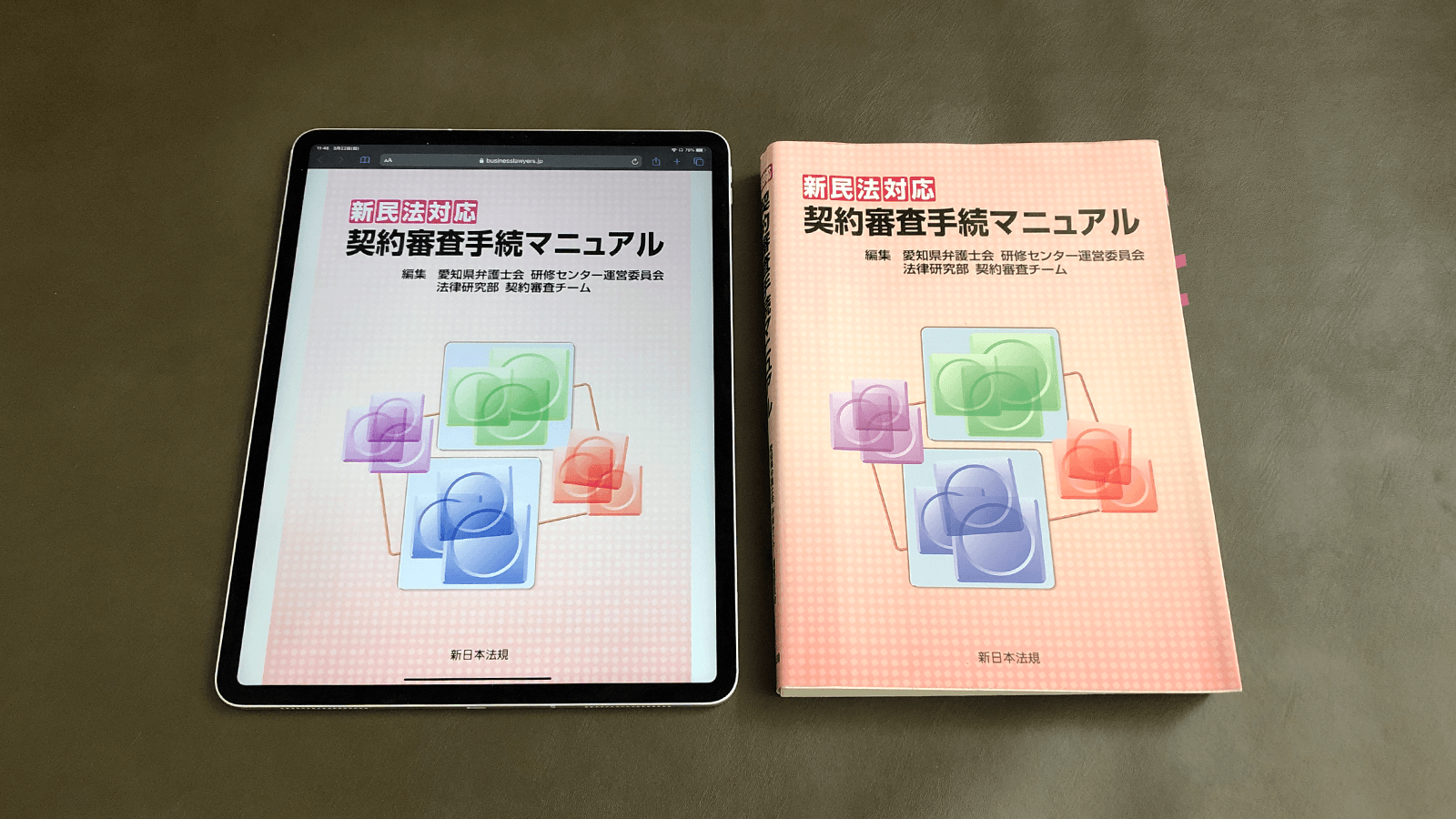 新日本法規に多いB5判サイズの大きな実務書も、iPad Pro 12.9インチなら原寸大表示でどこからでもアクセスできる