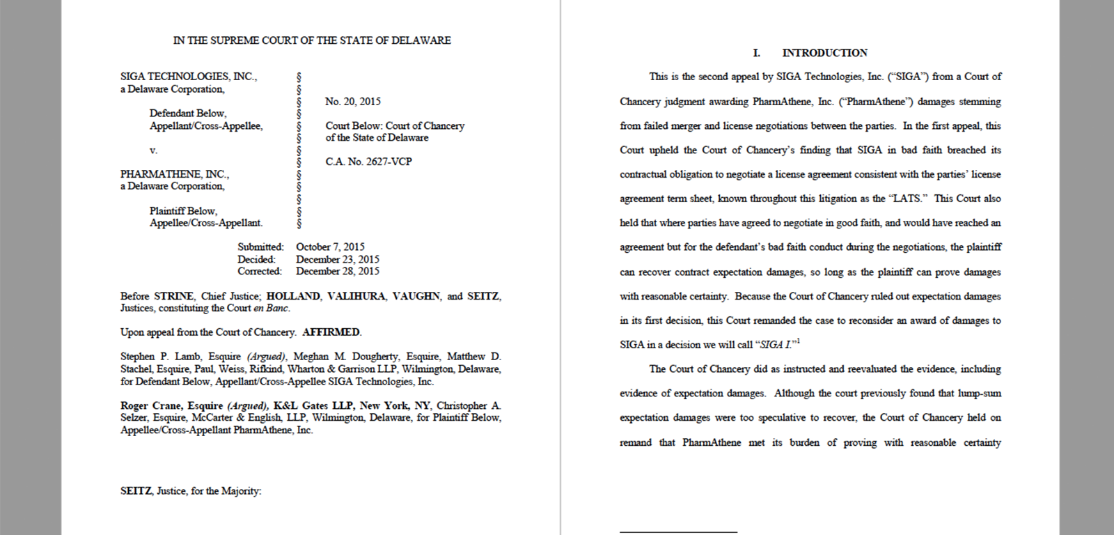 SIGA Technologies, Inc. v. PharmAthene, Inc. / C.A. No. 2627 (Del. Mar. 24, 2013)