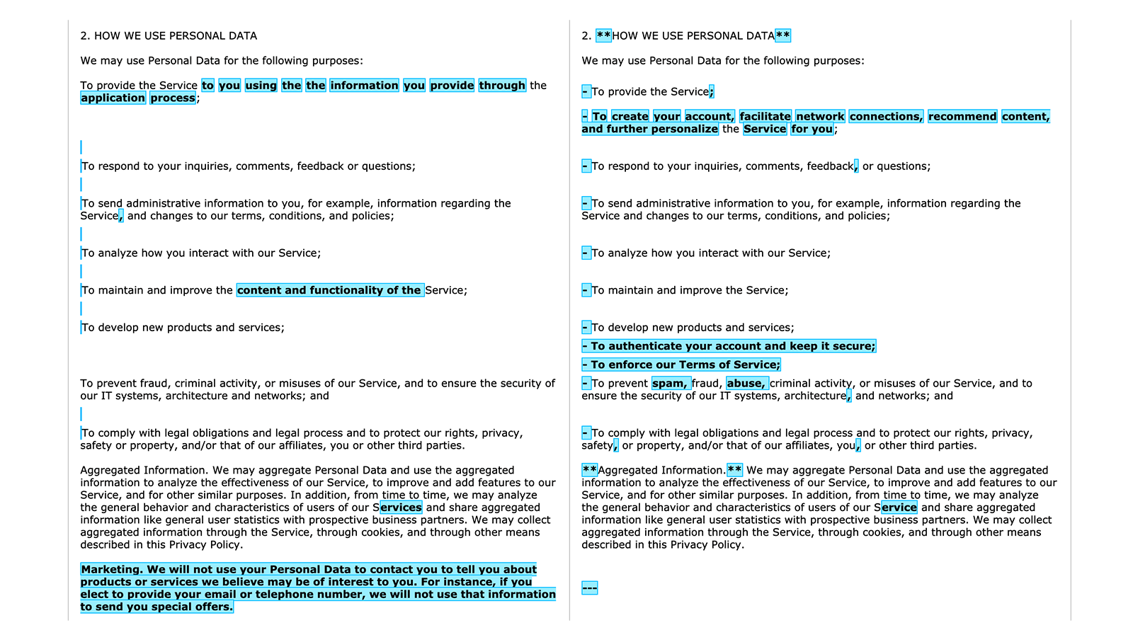 左が他社 / 右がClubhouseのプライバシーポリシーで、差分が青く表示されている