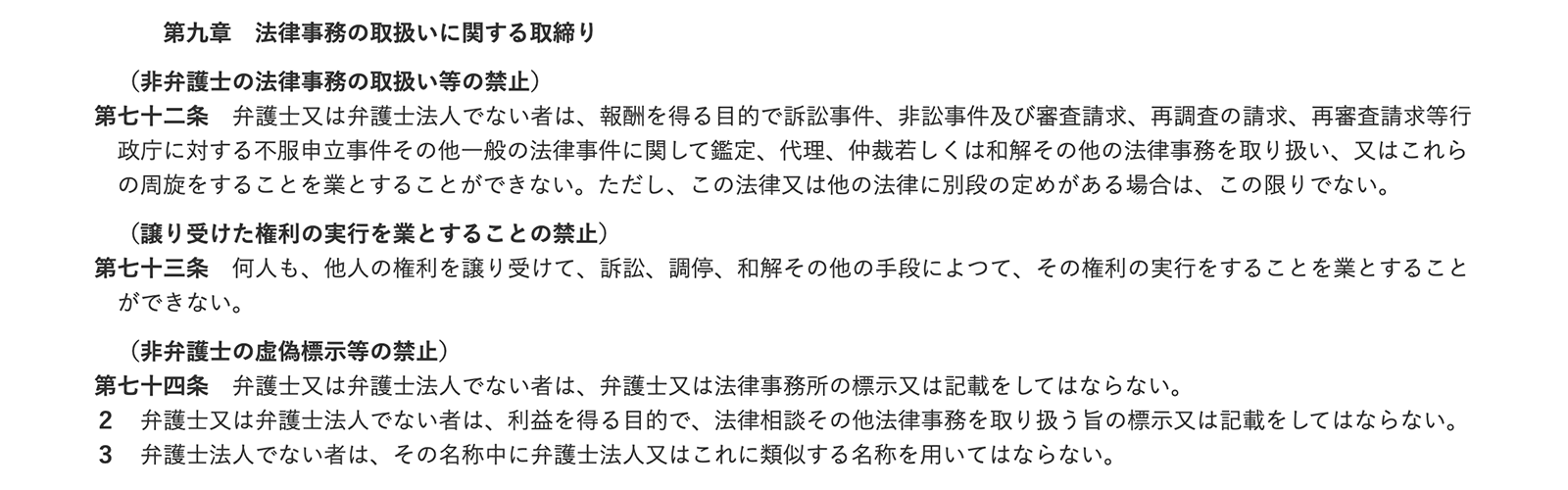 弁護士法72条・73条により、弁護士以外の者が法律事務を提供することは禁止されている