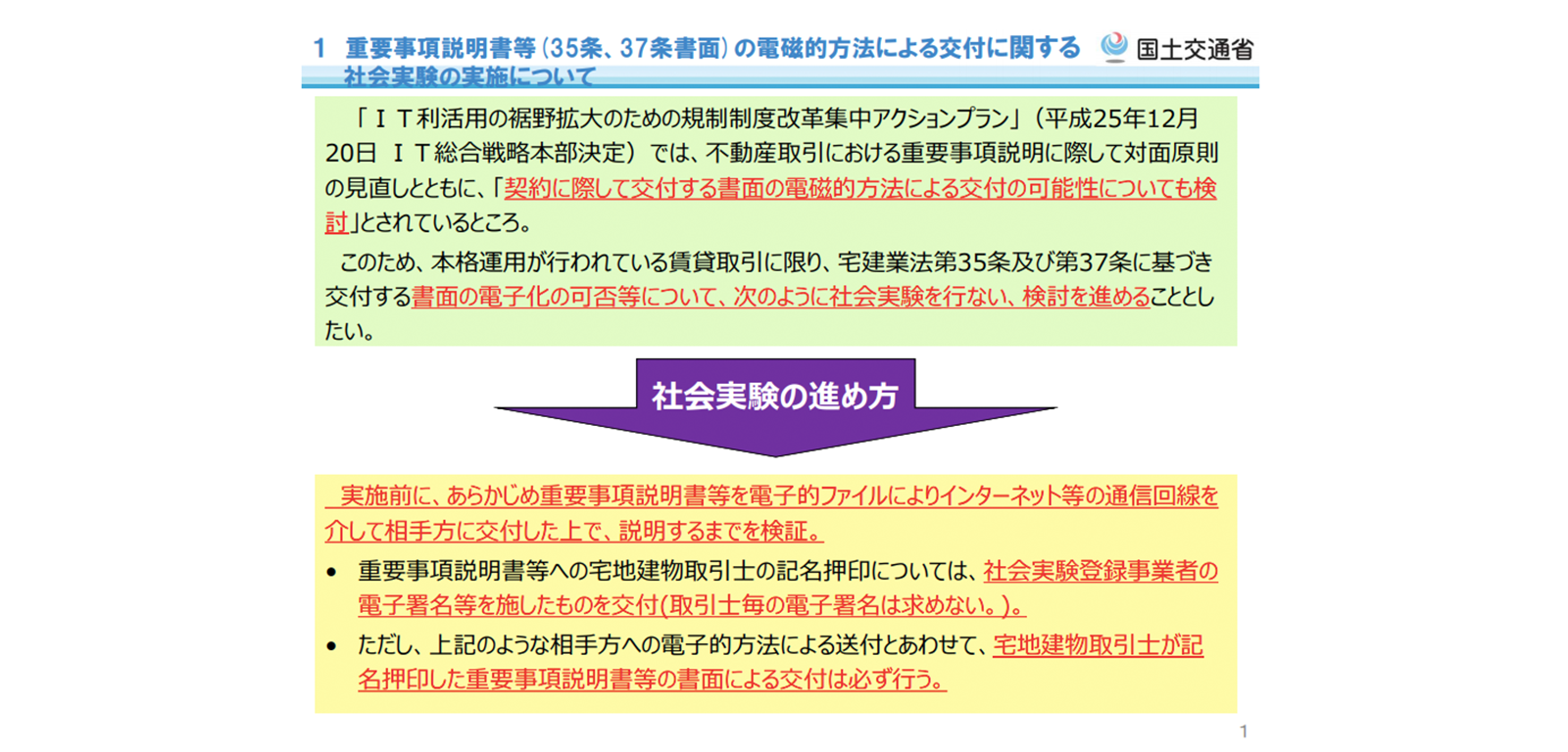 国土交通省「重要事項説明書等(35条、37条書面)の電磁的方法による交付に関する社会実験の実施について(案)」 http://www.mlit.go.jp/common/001272924.pdf より