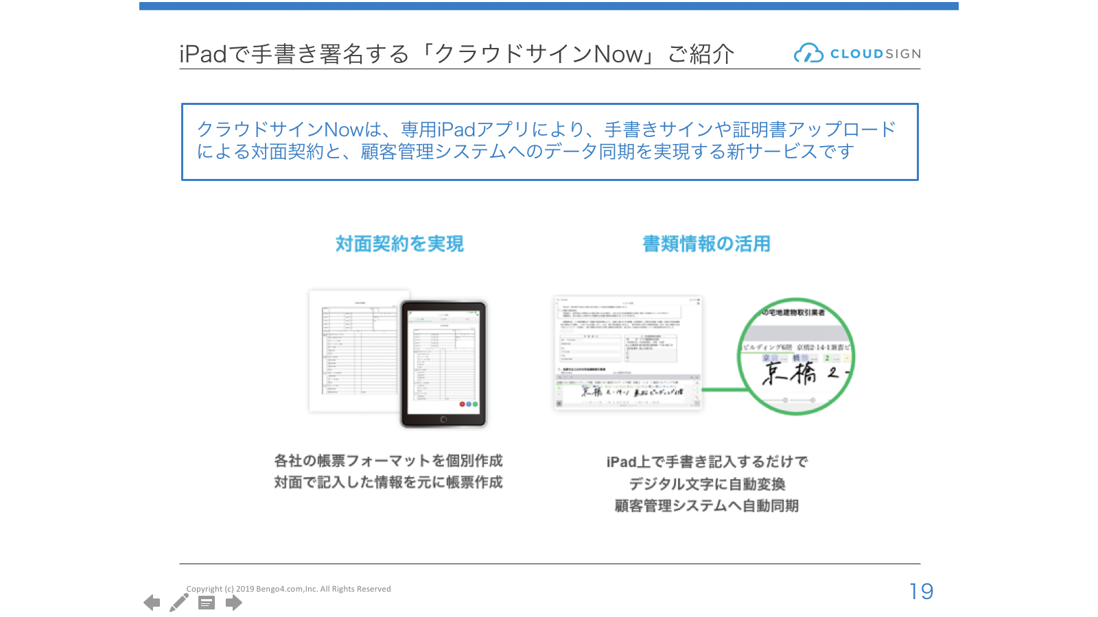 専用iPadアプリにより、手書きサインや証明書アップロードによる対面契約と、顧客管理システムへのデータ同期を実現する新サービス「クラウドサインNow」