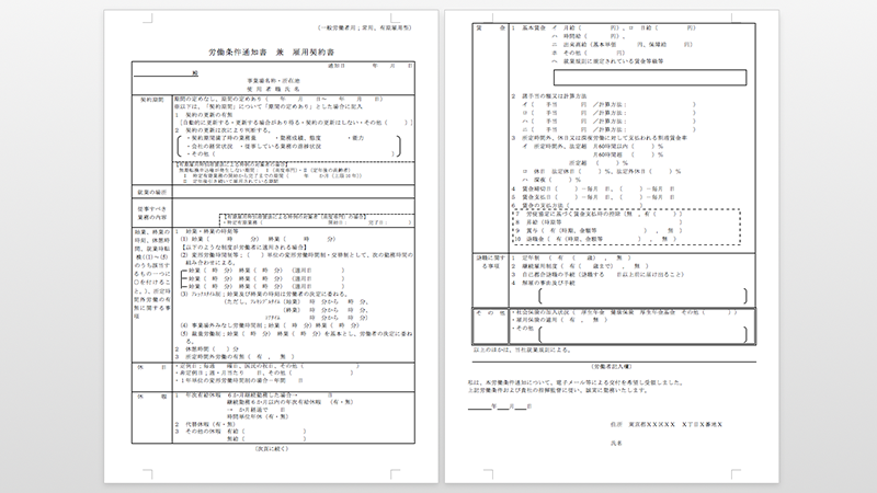 厚生労働省のひな形をベースとした「労働条件通知書兼雇用契約書」の例（厚生労働省／クラウドサイン）