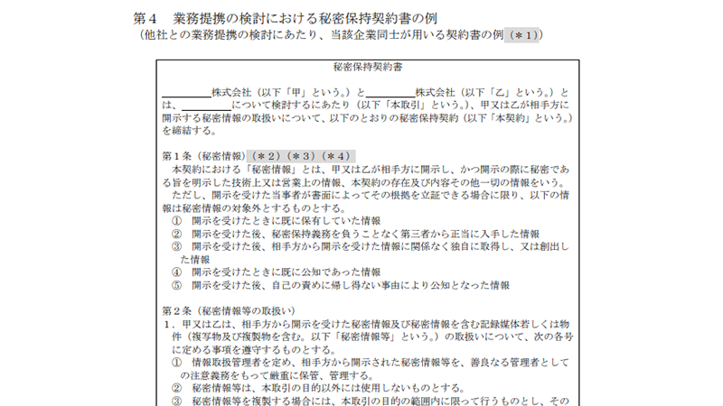 経済産業省「秘密情報の保護ハンドブック」参考資料2 業務提携の検討における秘密保持契約書の例