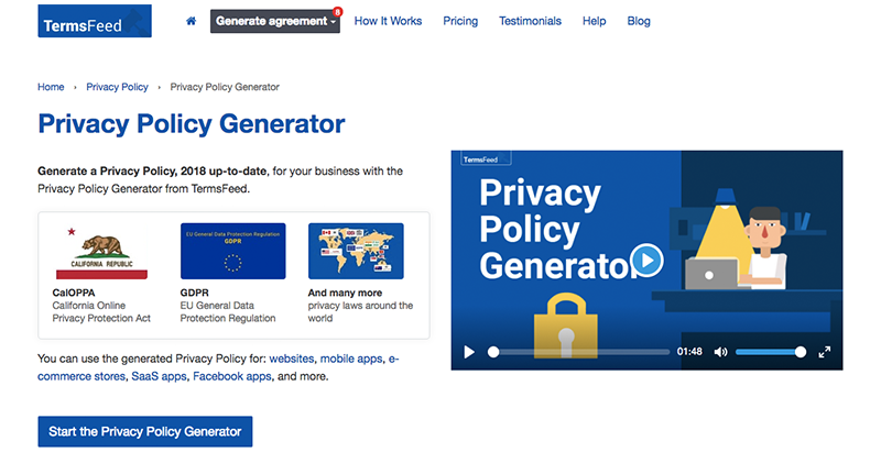 ウィザード形式でGDPRやCalOPPAに対応したプライバシーポリシーを作成できる「TermsFeed」