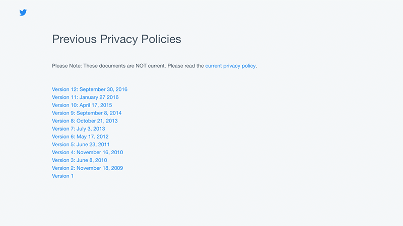 Twitterプライバシーポリシーのアーカイブ