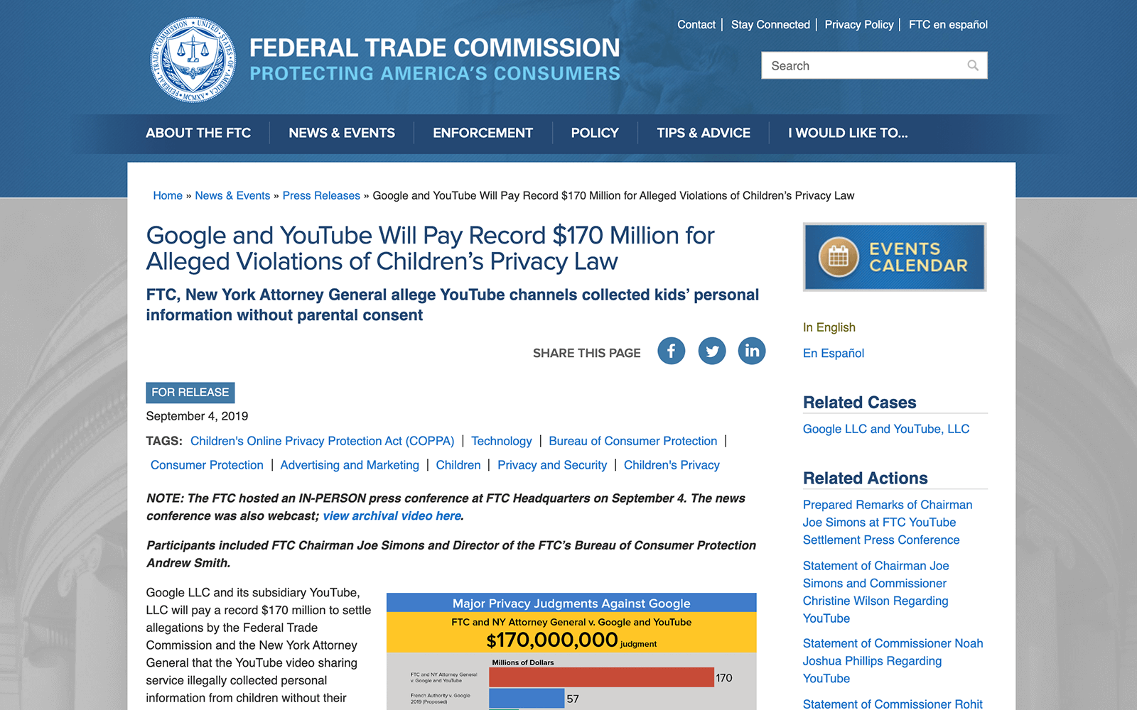 https://www.ftc.gov/news-events/press-releases/2019/09/google-youtube-will-pay-record-170-million-alleged-violations 2019年11月18日最終アクセス
